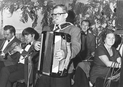 Billy Bowman Band playing at Bootle, west Cumbria in 1960. Billy Bowman senior is on accordian and sister Florrie on the piano.