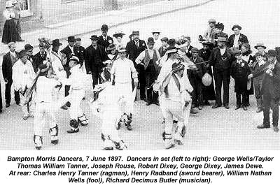Photo of Bampton side dancing in the street, 1897