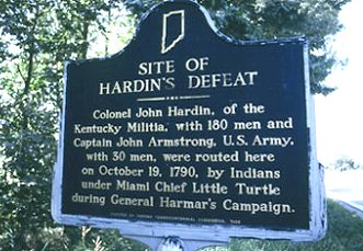 Sign at the site of the battle of Heller's Corner ('Hardin's Defeat') in Indiana. Photo from the local tourist board.