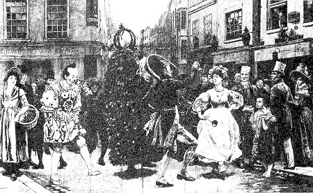 Captioned 'Jack-in-the-Green - May-day scene sixty years ago', by Charles Green. Probably a 'typical' performance. From The Graphic, 3 May 1890, page 506.