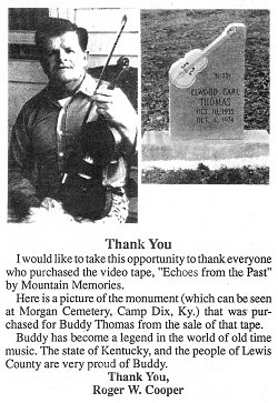 Newspaper cutting showing Roger's notification about Buddy Thomas' gravestone.